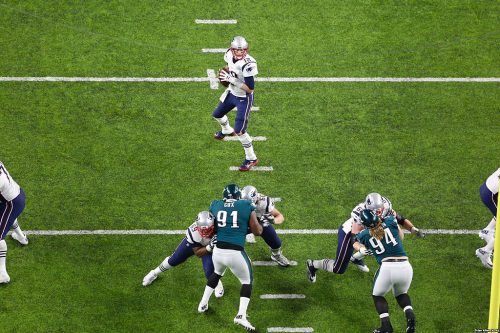 New England Patriots quarterback Tom Brady about to pass during Super Bowl LII.