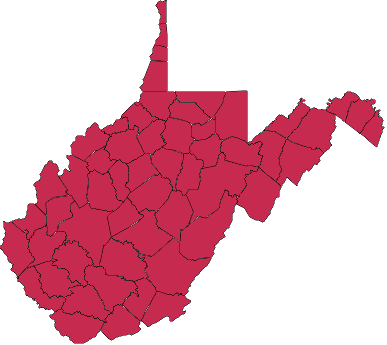 Map of West Virginia showing closed school districts. (Red = closed)