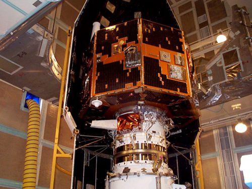 The IMAGE spacecraft undergoing launch preparations in early 2000.