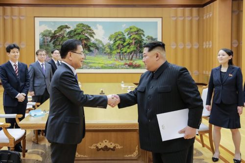 North Korean leader Kim Jon-un (right) met with Chung Eui-yong of South Korea on March 5, 2018.