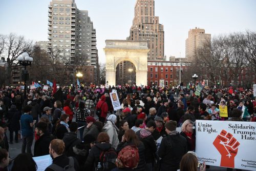 Rally in New York on International Women's Day last year