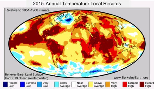 Places that were hotter (red) and colder (blue) in 2015 than averages for 1951-1980.