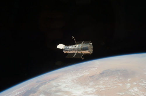 The Hubble Space Telescope as seen from the Space Shuttle Atlantis.