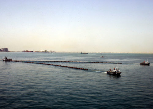 Floating "booms" like the ones in this picture are being used to contain the oil spill. This picture is from Bahrain.