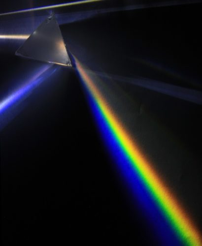 Light is split as it goes through a prism.