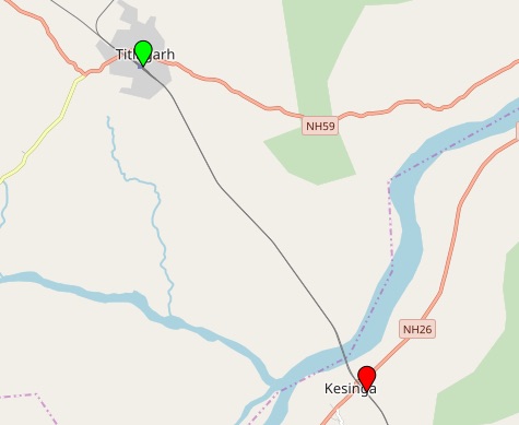 Map showing railway line from Titlagarh to Kesinga.