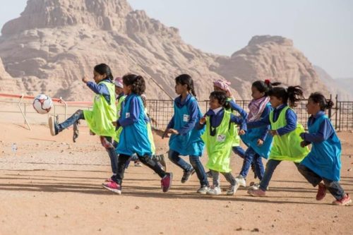 Girls playing at an EPF football camp in Jordan.