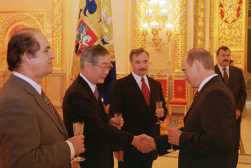 President Putin of Russia with Ambassadors of Hungary, Japan, and Cyprus.