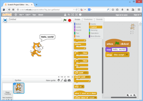 Screenshot of Scratch showing a simple "Hello World" program.