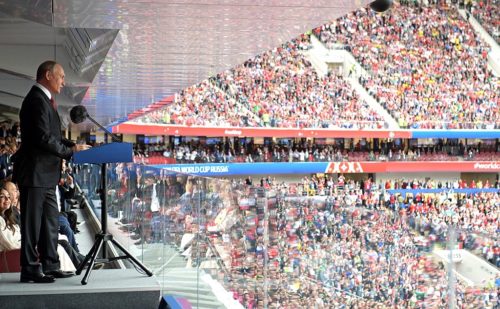 Russian president Vladimir Putin speaking at the 2018 FIFA World Cup opening event.