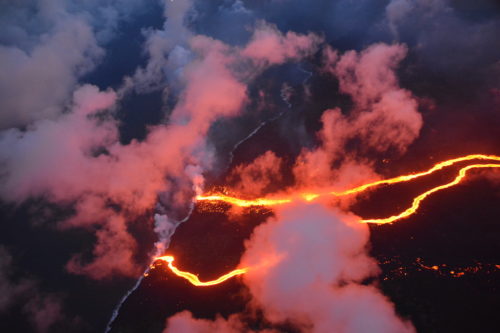 The huge lava flows have reached the sea.