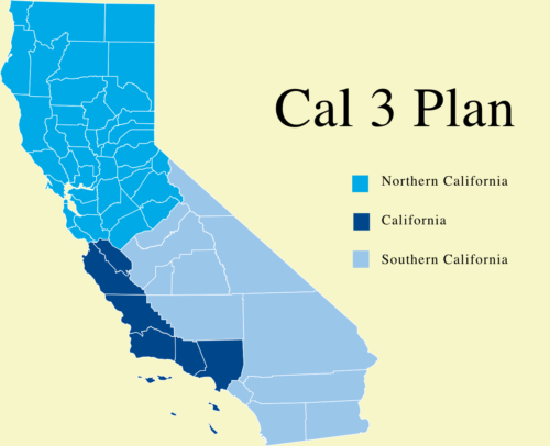 The Cal 3 plan would split the state of California into three states: Northern California, California, and Southern California.