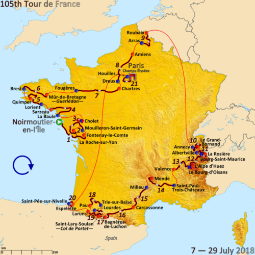 Map of the 2018 Tour de France