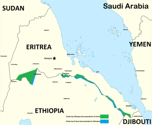 This map shows the land along the border between Ethiopia and Eritrea.