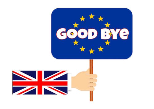 UK waves "Good bye" sign to European flag.
