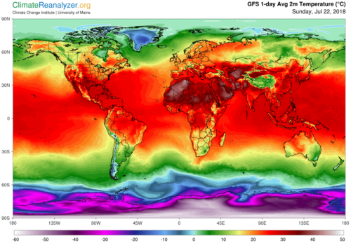 World Map showing temperatures as of July 22, 2018.