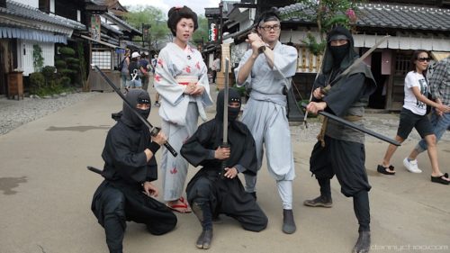 People dressed from the ninja time period at the theme park, Edo wonderland, in Japan.