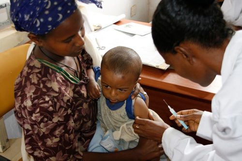 A child in Ethiopia gets a measles vaccine.