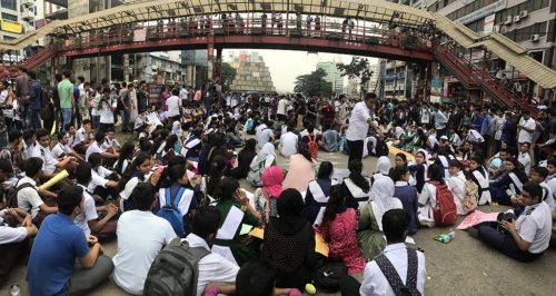 Road safety protestors blocking the streets in Bangladesh.