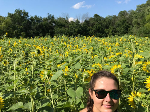 Person in sunglasses in front of a field of sunflowers.