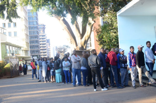 Line of voters in Zimbabwe's 2018 election.