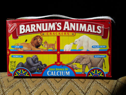 Classic Barnum's Animals crackers package with animals shown in cages.