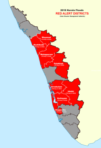Flooding has hit 12 out of 14 districts in Kerala. This map from last week shows flooding in only eight districts.