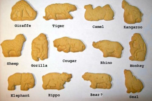 Labeled animals from an animal crackers box.