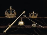Case showing royal crowns,orbs, and scepters.