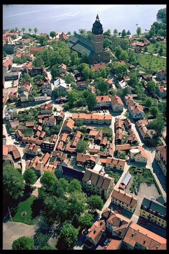 Aerial view showing Strangnas Cathedral and Lake Malaren