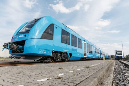 Coradia iLint hydrogen train waiting at station.