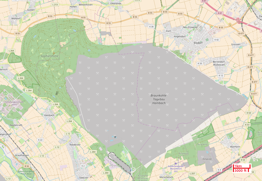 Map of Hambach Forest and Hambach surface mine, 2017.