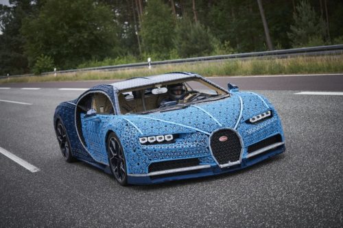 Lego Bugatti being drive on a test track.