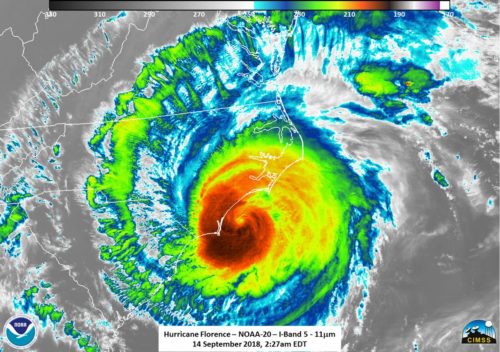 Image showing Hurricane Florence as it hits the US east coast.