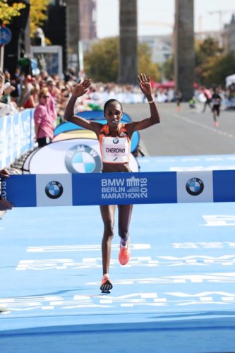 Gladys Cherono winning the 2018 Berlin Marathon.