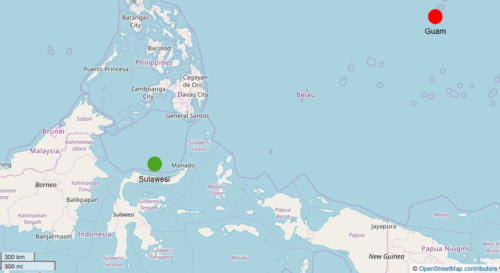 Map with Sulawesi, Indonesia marked in green, and Guam in red.