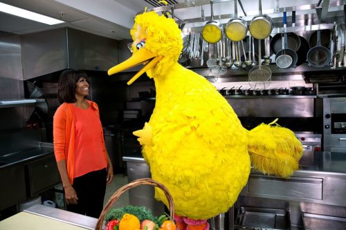 First Lady Michelle Obama participates in a “Let’s Move!” and "Sesame Street" public service announcement taping with Big Bird in the White House Kitchen, Feb. 13, 2013. (Official White House Photo by Lawrence Jackson)