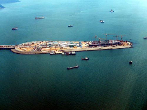 View from landing airplane of the eastern artificial Island of the Hong Kong-Zhuhai-Macao Bridge