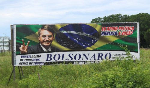 Billboard supporting Jair Bolsonaro for president by the side of the road in Campo Maior, Piauí, Brazil.