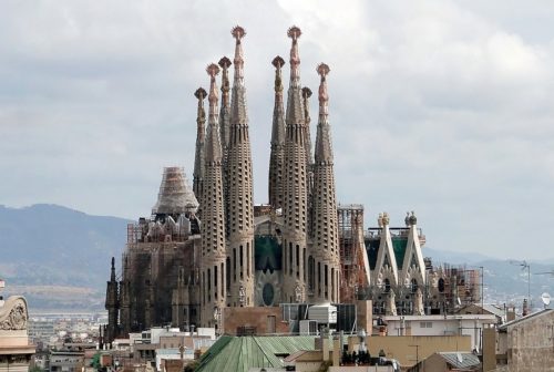 The Sagrada Familia viewed from Casa Milà, Barcelona, Spain