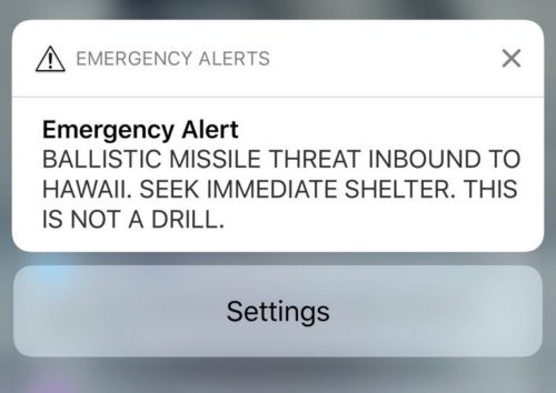 This picture shows the alert sent to cellphones in Hawaii on January 13, 2018.