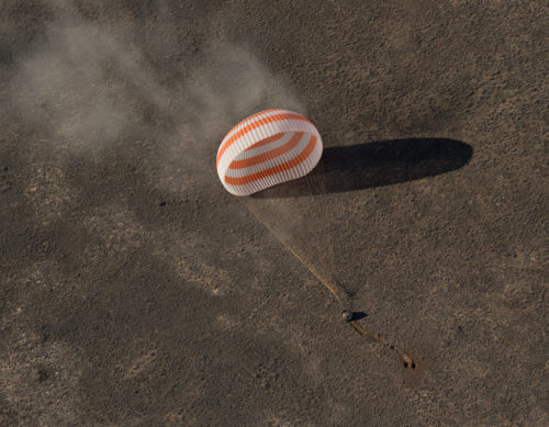 The Soyuz MS-02 spacecraft is seen as it lands near the town of Zhezkazgan, Kazakhstan on Monday, April 10, 2017