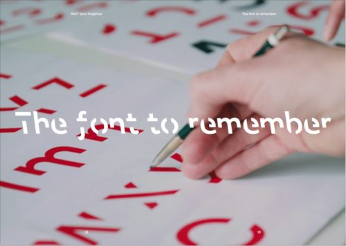 Image showing design process for the font Sans Forgetica. The slogan 'The font to remember' is superimposed.