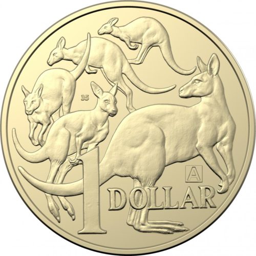 A special version of Australia's $1 "five kangaroo" coin, with the letter "A" and the number 35.