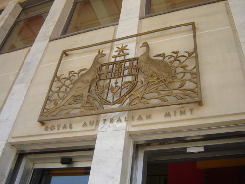 Coat of arms above the entrance to the Royal Australian Mint, Canberra, photographed by DO'Neil.