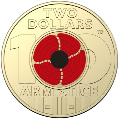 Special two dollar "poppy" coin to celebrate the 100th anniversary of the end of World War I.