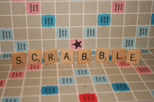 Scrabble board, with the letters SCRABBLE spelled out.