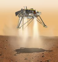 PIA22812: InSight Moments Away From Landing, Underside View (Illustration) This is an illustration showing a simulated view of NASA's InSight lander about to land on the surface of Mars. This view shows the underside of the spacecraft.