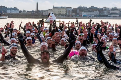 Around 300 people came to meet Mr. Edgley in Margate as he finished his swim.