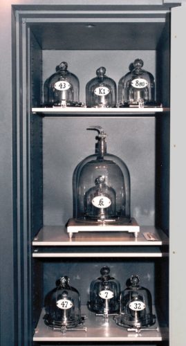 The international prototype and its six official copies in the safe